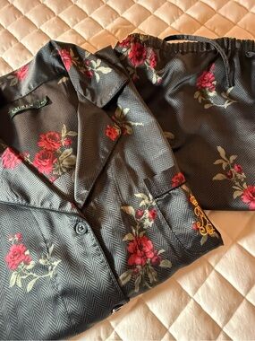 Lauren Ralph Lauren Satin Long Pajama Set Gray Herringbone Red Floral 2X